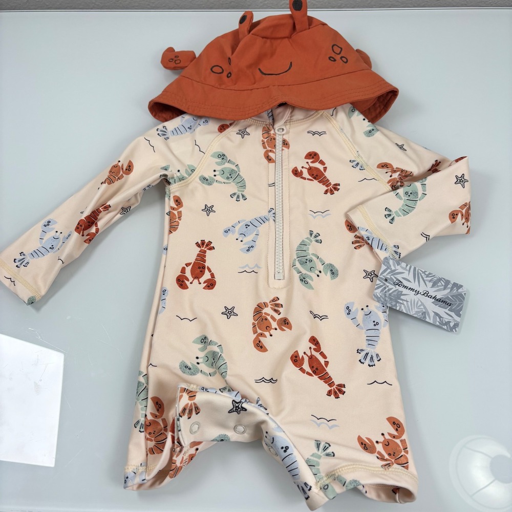 Tommy Bahama Boys 12M Cream Lobster Rash Guard One Piece & Crab Hat Set NWT UPF